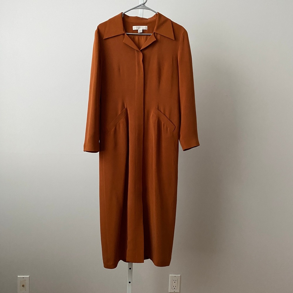 Miller Shor 100% Silk Earth Colors Academia‎ Burnt Orange Midi Dress 6 Rust